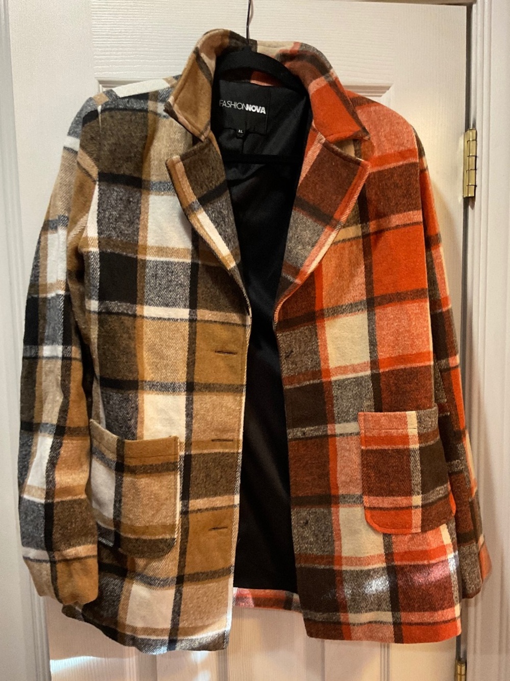 Fashion Nova XL Orange Plaid Wool Blend Coat Jacket MIssing Buttons